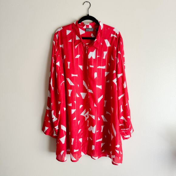 Selection by Ulla Popken Red + White Abstract Metallic Thread Button Up Blouse - Picture 2 of 9